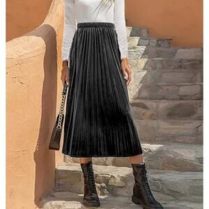 Attitude Unknown Pleated A-Line Midi Velvet Skirt High Rise Black Womens Size M